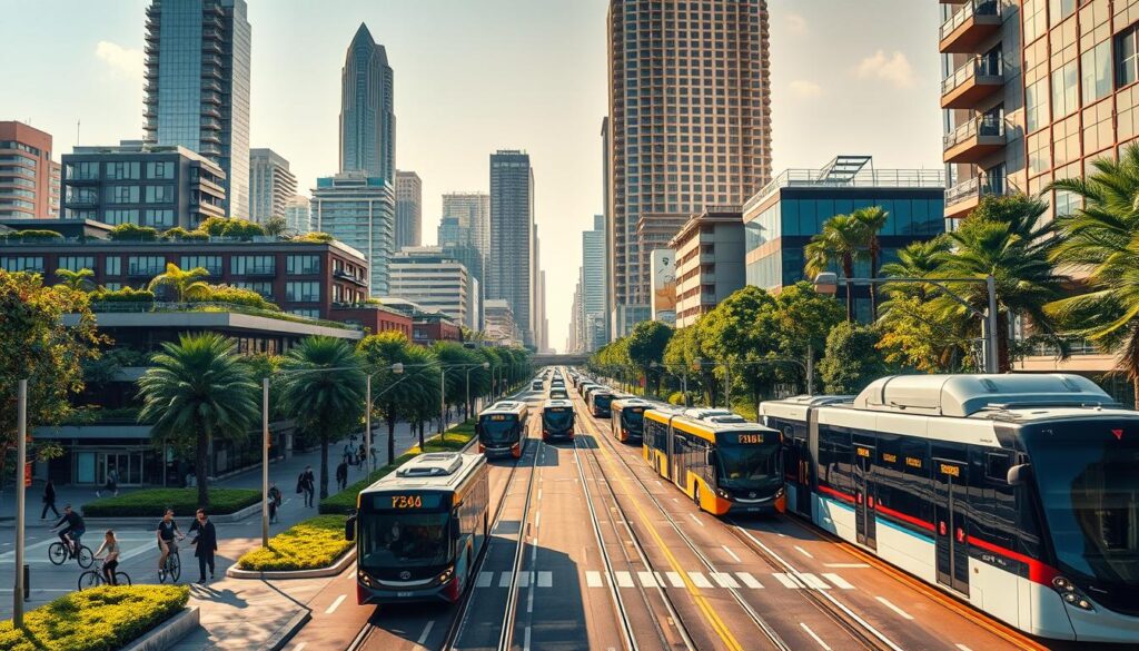 A bustling city street lined with modern, electric buses and trams gliding silently through the urban landscape. In the foreground, pedestrians and cyclists seamlessly navigate dedicated lanes, surrounded by lush greenery and solar-powered street lights. The middle ground features mixed-use buildings with rooftop gardens, showcasing a blend of residential, commercial, and community spaces. In the background, towering skyscrapers with gleaming, energy-efficient windows stand as a testament to sustainable architectural design. The scene is bathed in warm, natural lighting, creating a sense of harmony and environmental consciousness. A vision of a thriving, eco-friendly public transportation system that prioritizes people, planet, and progress.