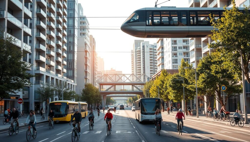 A bustling city street, lined with modern high-rises and trees, showcases the integration of bike lanes and public transportation. In the foreground, cyclists navigate dedicated lanes, weaving between pedestrians and electric buses. Overhead, a monorail glides silently, its sleek design reflecting the sun's warm glow. The middle ground features a well-designed transit hub, where commuters seamlessly transfer between modes of transport. In the background, a network of walkways and bike paths connects the surrounding neighborhoods, promoting a sustainable, eco-friendly urban landscape. The scene is bathed in a soft, natural light, conveying a sense of harmony and efficiency in the city's transportation planning.