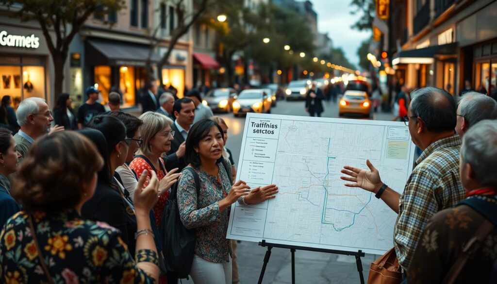 A bustling city street with a community meeting in progress. In the foreground, a diverse group of residents engaged in lively discussions, gesturing animatedly as they collaborate on traffic solutions. The middle ground features a large map of the neighborhood, with annotated routes and proposed changes. In the background, the hum of passing cars and pedestrians, the scene illuminated by warm, diffused lighting from streetlamps and storefront windows. An atmosphere of civic participation and collective problem-solving pervades the scene, reflecting the community's active role in shaping the future of their local traffic infrastructure.