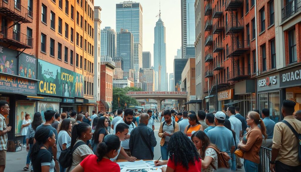 A bustling city street, with people of diverse backgrounds engaged in lively discussions and collaborative activities. In the foreground, community members gather around a central table, brainstorming ideas and sketching plans. The middle ground showcases vibrant murals and public art installations, reflecting the neighborhood's cultural richness. In the background, towering skyscrapers and infrastructure projects create a dynamic urban landscape, symbolizing the integration of community input into the development process. Warm lighting casts a welcoming glow, and a sense of purpose and unity permeates the scene, capturing the essence of community engagement in urban engineering.