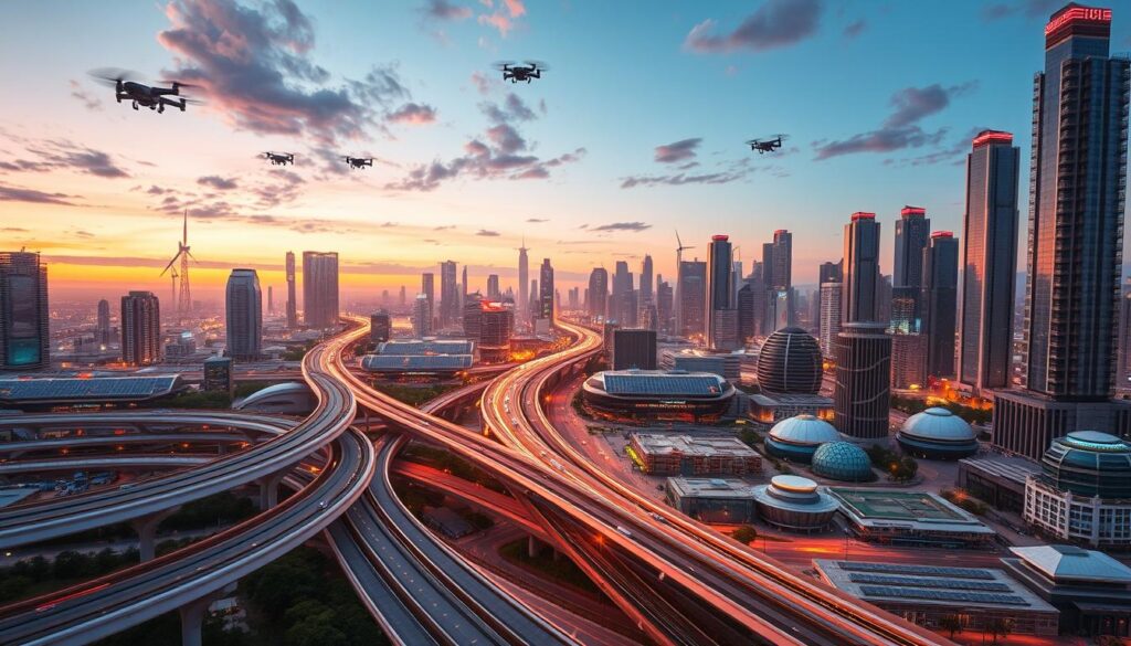 A bustling cityscape at dusk, bathed in a warm, vibrant glow. In the foreground, a network of futuristic transportation systems seamlessly intertwine - elevated rail lines, self-driving cars, and drones criss-crossing the sky. In the middle ground, a sprawling array of solar panels and wind turbines power the city's energy grid, while cutting-edge water treatment facilities and waste management systems ensure sustainable resource management. In the background, towering skyscrapers with intricate facade designs and intelligent building controls stand as symbols of the city's technological prowess. The scene conveys a sense of harmonious integration between urban infrastructure and advanced, eco-friendly technologies.