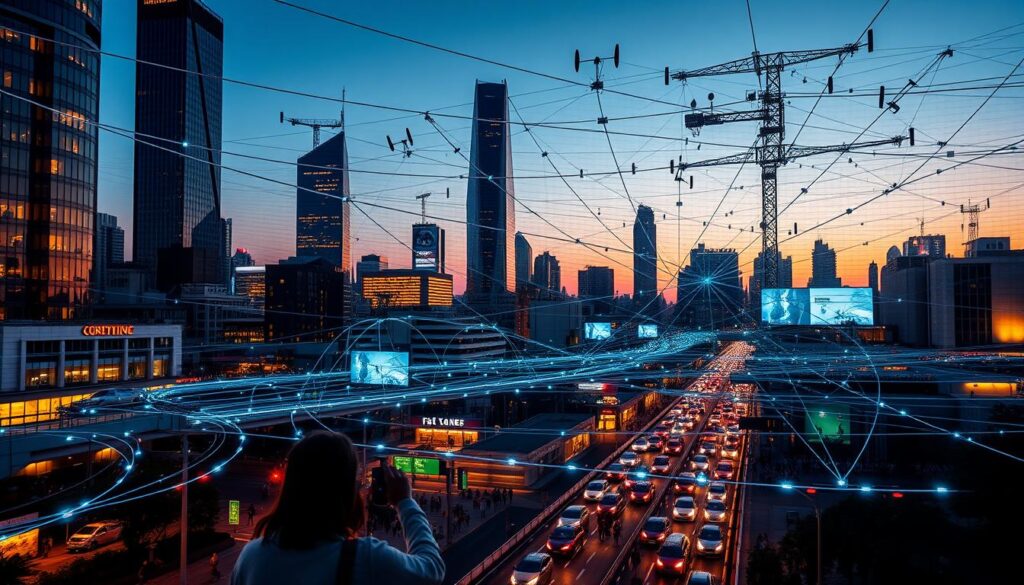 A bustling cityscape at dusk, with towering skyscrapers and sleek modern architecture. In the foreground, a network of glowing IoT sensors and devices integrated seamlessly into the urban landscape - traffic lights, streetlamps, building facades, and infrastructure. Throngs of pedestrians and vehicles weave through the streets, their movements tracked and monitored by the interconnected IoT grid. Overhead, a dense mesh of wireless antennae and communication hubs facilitate the real-time flow of data, powering the city's efficient, responsive operations. The scene is bathed in a warm, ambient glow, conveying a sense of technological integration and the promise of a smarter, more connected urban future.