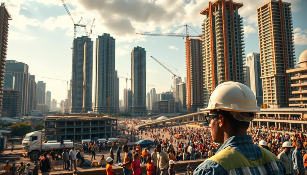 A bustling cityscape in East Africa, with towering skyscrapers and modern infrastructure under construction. In the foreground, civil engineers in hard hats oversee the progress, coordinating teams of workers. The mid-ground features cranes and heavy machinery, symbolizing the ongoing development. The background depicts a vibrant, diverse community, with people going about their daily lives amidst the backdrop of the growing skyline. Warm, golden lighting casts a hopeful glow, conveying the promising future of civil engineering careers in the region. The scene is captured through a wide-angle lens, emphasizing the scale and scope of the development.