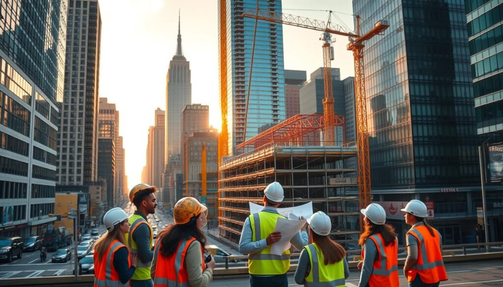 A bustling cityscape of New York City, with towering skyscrapers and busy streets. In the foreground, a group of young civil engineering interns in hard hats and high-visibility vests, discussing plans and blueprints around a construction site. The mid-ground features cranes, scaffolding, and the skeletal frame of a new building project. In the background, the iconic skyline of Manhattan, bathed in warm, golden hour lighting, creating a dynamic and professional atmosphere. The scene conveys the excitement and opportunity of civil engineering internships in the dynamic urban environment of NYC.