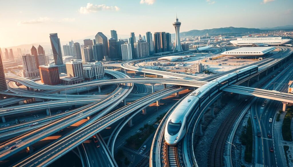 A bustling cityscape of gleaming skyscrapers and modern infrastructure, with a focus on transportation engineering. In the foreground, a network of highways, overpasses, and interchanges, captured in a dramatic aerial perspective, highlighting the intricate web of vehicular traffic. The middle ground features a high-speed rail line, its sleek, silver trains zipping past, powered by advanced propulsion systems. In the background, a sprawling airport, its long runways and towering control tower reflecting the latest advancements in aviation technology. The scene is bathed in a warm, golden light, evoking a sense of progress and innovation in the field of transportation engineering.