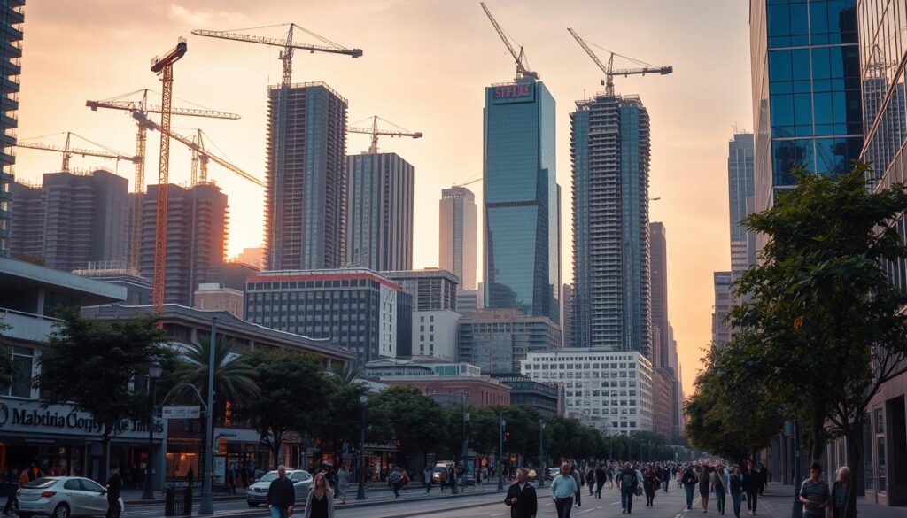 A bustling cityscape undergoing urban renewal, with cranes and construction equipment dotting the skyline. Gleaming new high-rises rise up, their glass facades reflecting the warm glow of the setting sun. In the foreground, pedestrians stroll along tree-lined streets, past revitalized storefronts and thriving public spaces. The scene exudes a sense of optimism and progress, as the city transforms itself into a vibrant, connected hub of activity. Soft, diffused lighting casts long shadows, highlighting the architectural details and the energy of the urban environment. A wide-angle lens captures the scale and dynamism of this integrated infrastructure development, showcasing the benefits of thoughtful, sustainable urban planning.