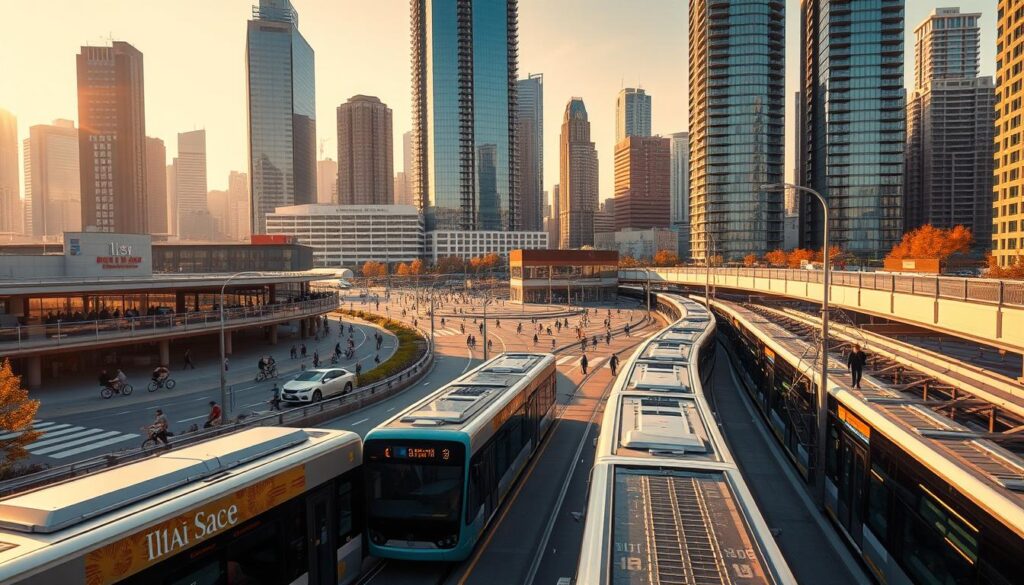 A bustling cityscape with a modern, well-designed public transportation system in the foreground. Sleek, high-capacity buses and trains glide along dedicated lanes, their interiors visible through large windows. In the middle ground, pedestrians and cyclists move effortlessly around transit hubs, surrounded by mixed-use buildings with ground-floor retail and residential units above. The background features a skyline of towering skyscrapers, their glass facades reflecting the vibrant energy of the transit-oriented development. The scene is bathed in warm, golden sunlight, conveying a sense of vitality and progress. A wide-angle lens captures the scene, emphasizing the integration of transit and urban design.
