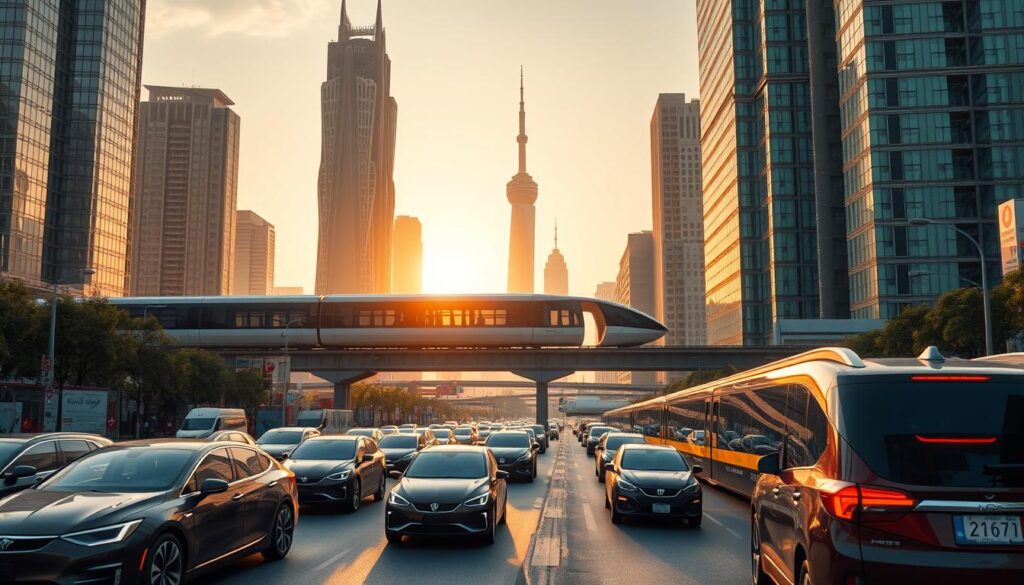 A bustling cityscape with efficient, connected transportation systems. In the foreground, a fleet of autonomous electric vehicles seamlessly navigate the streets, their sleek designs gleaming under the warm, golden sunlight. In the middle ground, a maglev train glides silently along an elevated track, ferrying commuters to their destinations. In the background, towering skyscrapers with intricate architectural details and futuristic designs set the stage for a thriving, sustainable urban landscape. The scene exudes a sense of technological innovation, environmental consciousness, and a harmonious integration of various modes of transportation, reflecting the key features of a smart city's transport solutions.
