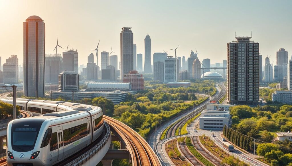A bustling cityscape with modern, eco-friendly infrastructure development. In the foreground, sleek electric trains glide along elevated rail lines, their clean energy powering the city's transit system. In the middle ground, towering buildings with solar panels and wind turbines dot the skyline, harnessing renewable energy to power the urban core. In the background, lush green parks and gardens intertwine with the built environment, creating a harmonious balance between nature and technology. Warm, golden sunlight casts a soft glow over the scene, illuminating the sustainable future of this thriving metropolis.