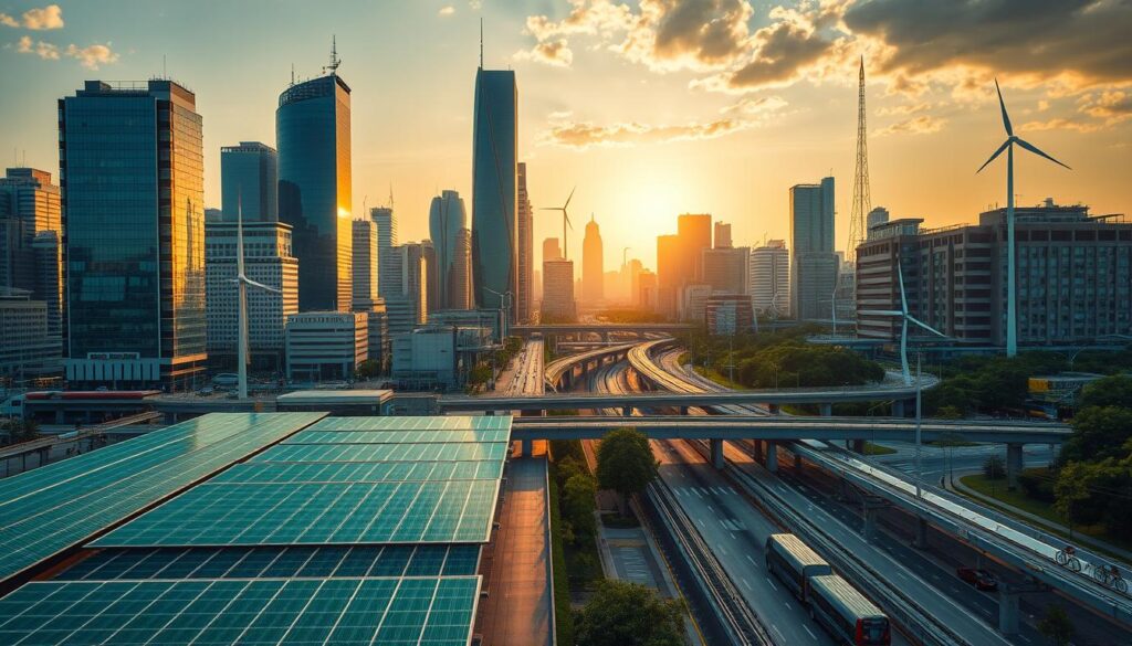 A bustling cityscape with modern, energy-efficient skyscrapers and infrastructure, bathed in warm, golden-hour lighting. In the foreground, a network of green-tinted solar panels and wind turbines harness renewable energy. In the middle ground, electric vehicles and public transportation systems seamlessly integrate with the urban landscape. The background features a mix of natural and man-made elements, such as lush green parks, bike lanes, and smart-grid technology, all working together to create a vision of sustainable, resilient infrastructure financing.