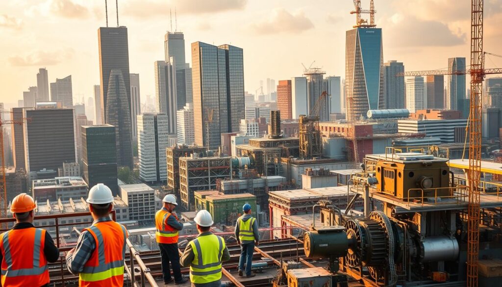 A bustling cityscape with skyscrapers and industrial complexes, showcasing the diverse mechanical engineering job opportunities available. In the foreground, engineers in hard hats and high-visibility gear work on construction sites, while in the middle ground, technicians inspect and maintain complex machinery. In the background, research laboratories and advanced manufacturing facilities hint at the cutting-edge technologies driving the mechanical engineering industry. The scene is illuminated by warm, golden lighting, conveying a sense of dynamism and opportunity in the field.