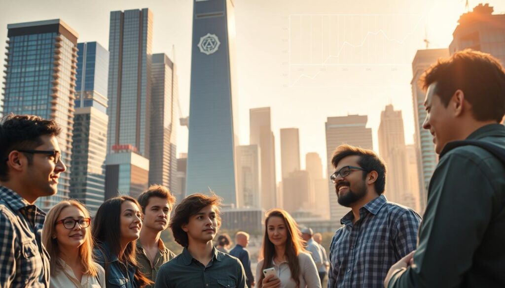 A bustling cityscape with the iconic skyscrapers of Silicon Valley's tech hub. In the foreground, a group of software engineers in casual attire, engaged in lively discussion, their expressions conveying both excitement and a hint of concern. In the middle ground, a towering glass building with the logo of a prominent tech company, symbolic of the industry's wealth and influence. The background is bathed in warm, golden light, creating a sense of prosperity, while subtle hints of financial charts and graphs suggest the complex web of salaries, bonuses, and stock options that define the tech industry's compensation landscape. The overall scene captures the dynamic, high-stakes world of Silicon Valley, where the pursuit of innovation and wealth coexist with the challenges of maintaining a balanced lifestyle.