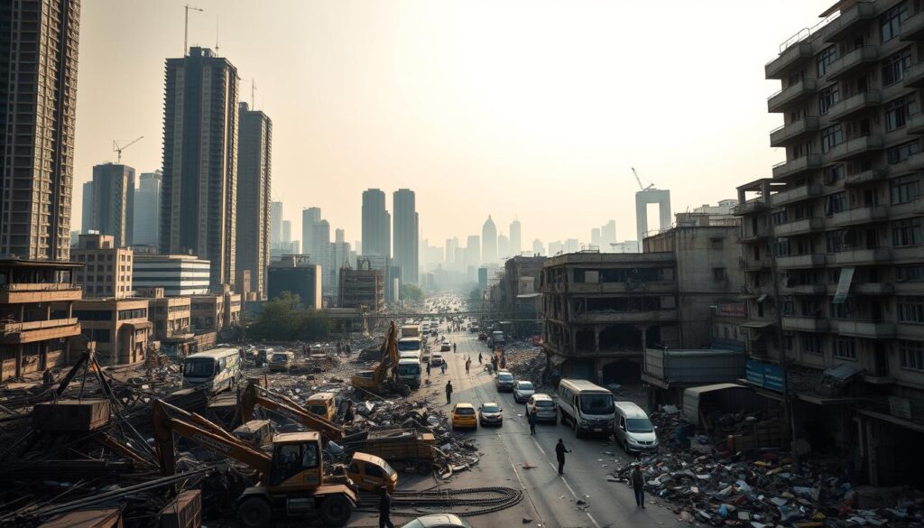 A bustling cityscape with towering skyscrapers and crumbling infrastructure, casting long shadows under a hazy, overcast sky. In the foreground, a tangle of construction equipment and debris litters the streets, while in the middle ground, pedestrians and vehicles navigate the chaotic landscape. The background is dominated by a patchwork of dilapidated buildings, their facades weathered and neglected, symbolizing the challenges of urban development. The scene conveys a sense of tension and complexity, highlighting the pressing need to address the barriers to sustainable, equitable urban engineering.