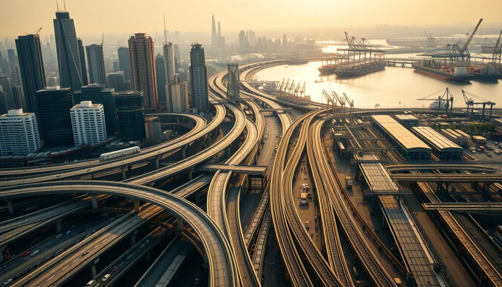 A bustling cityscape with towering skyscrapers and modern infrastructure. In the foreground, a network of elevated highways and intricate interchanges, with cars and trucks in motion. In the middle ground, a sprawling train station with gleaming steel tracks and platforms. In the background, a vast harbor with cargo ships and cranes, symbolizing the flow of goods and commerce. Warm, golden lighting creates a sense of dynamism and progress, capturing the essence of transportation infrastructure finance. Dramatic wide-angle lens perspective to emphasize the scale and complexity of the scene.