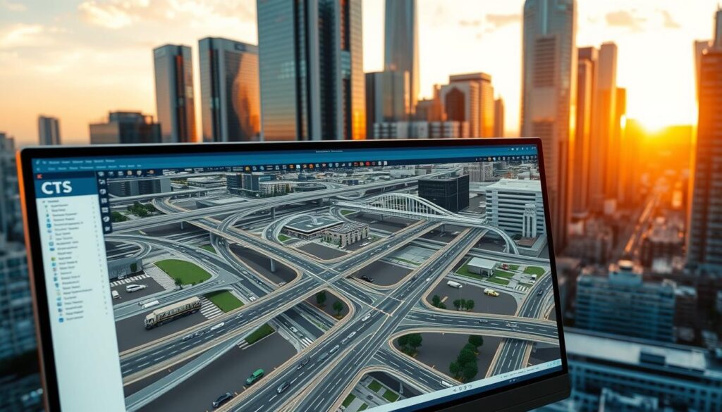 A bustling cityscape with towering skyscrapers in the background, their glass facades glimmering under the warm, golden hue of the setting sun. In the foreground, a computer screen displays a sophisticated traffic simulation software interface, showcasing intricate models of intersections, roads, and vehicle movements. The scene is illuminated by the soft glow of the screen, casting a subtle, technical ambiance. The angle is slightly elevated, giving a bird's-eye view of the virtual city, allowing the viewer to appreciate the complexity and depth of the simulation. The overall atmosphere conveys a sense of innovation, efficiency, and the seamless integration of technology into urban infrastructure.