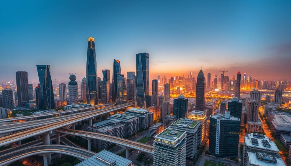 A bustling cityscape with towering skyscrapers, sleek infrastructure, and innovative urban planning. In the foreground, a network of elevated walkways and transportation hubs seamlessly connect residential and commercial districts. The middle ground showcases modern high-rise buildings with energy-efficient designs and integrated green spaces. In the background, a sprawling skyline illuminated by warm, golden-hour lighting, highlighting the harmonious blend of technology and nature. The scene exudes a sense of progress, efficiency, and a vision for sustainable urban development.