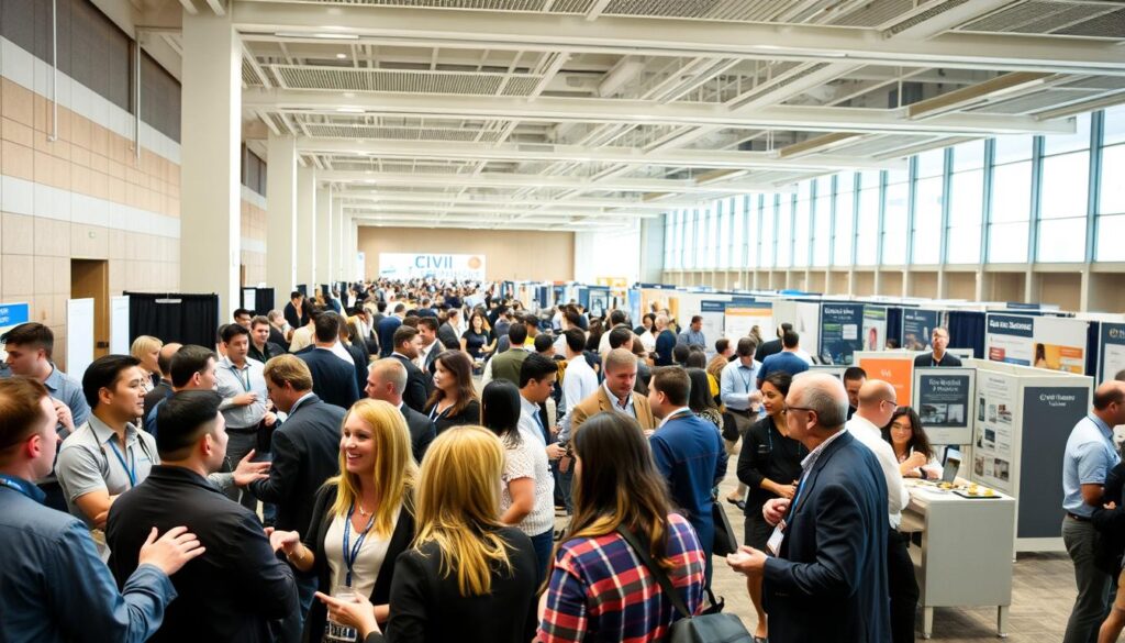 A bustling civil engineering conference in a modern convention center. The foreground shows a group of professionals engaged in lively discussions, gesturing animatedly as they exchange ideas. In the middle ground, attendees network over coffee and hors d'oeuvres, making new connections. The background depicts a spacious hall filled with informative booths and displays, showcasing the latest advancements in civil engineering technology. Bright, indirect lighting creates a warm, professional atmosphere, while the angle captures the energy and excitement of the event. The scene conveys the importance of networking and professional development for civil engineering students and practitioners.