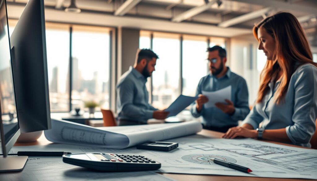 A bustling civil engineering consultancy office, illuminated by warm, natural lighting. In the foreground, a desk showcases the tools of the trade - blueprints, CAD software, and a calculator. In the middle ground, engineers collaborate, their faces intent as they examine project proposals. The background reveals a panoramic city skyline, hinting at the scope and scale of the consultancy's work. Subtle textures, such as the grain of the wooden furniture and the smooth surfaces of the digital displays, add depth and realism to the scene. The overall mood conveys a sense of productivity, expertise, and the pursuit of cost-effective solutions for clients.