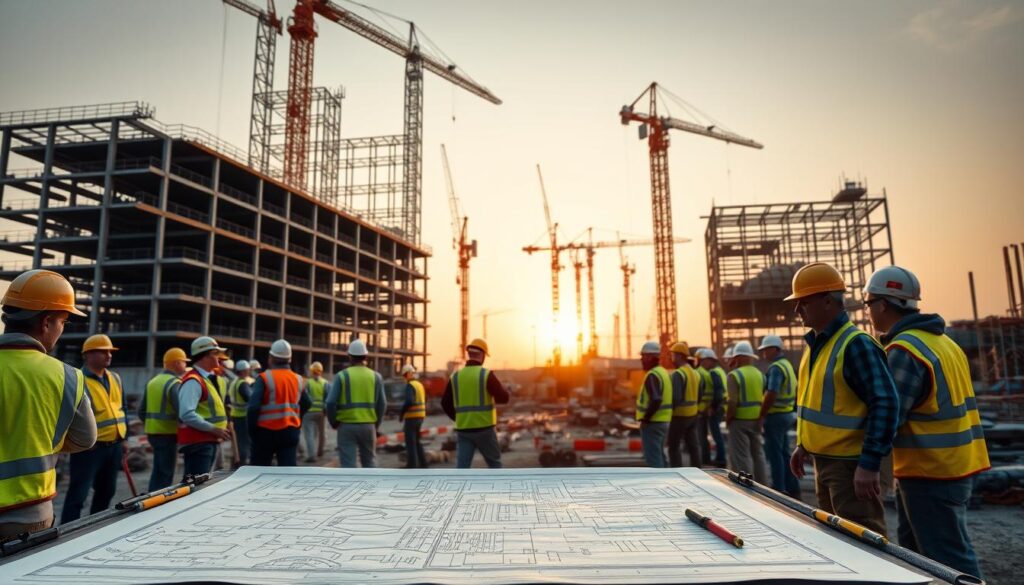 A bustling civil engineering project site, with workers in hard hats and neon vests coordinating construction tasks. In the foreground, a detailed blueprint unfurls on a portable drafting table, surrounded by surveying equipment and tools. In the middle ground, heavy machinery - cranes, excavators, and cement mixers - operate in harmony, erecting the framework of a towering new structure. The background features a partially completed building, its skeletal form silhouetted against a warm, golden-hour sky. The scene conveys a sense of organized chaos, progress, and the collaborative efforts required to bring an ambitious engineering project to life.