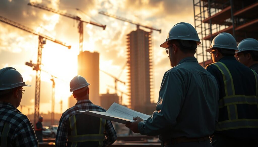 A bustling civil engineering work environment with hard-hatted professionals overseeing construction projects. In the foreground, engineers review blueprints and consult with onsite workers. In the middle ground, cranes lift heavy materials as construction crews toil away. In the background, a partially-built high-rise silhouetted against a vibrant sky, reflecting the dynamic nature of the field. Warm lighting from the sun casts a productive glow, while the perspective captures the scale and complexity of civil engineering work. The scene conveys the collaborative, technology-driven, and ambitious character of this vital industry.
