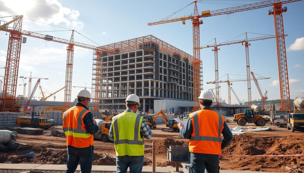 A bustling civil engineering worksite on a sunny day, surrounded by towering cranes and heavy machinery. In the foreground, engineers in high-visibility vests oversee construction, carefully studying blueprints and directing the flow of workers and materials. The middle ground is a hive of activity, with excavators digging foundations, cement mixers pouring slabs, and skilled tradespeople assembling intricate frameworks. In the background, a partially completed building rises, its geometric silhouette framed against a cloudless sky. Warm lighting bathes the scene, capturing the sense of progress, collaboration, and the pride of shaping the built environment.
