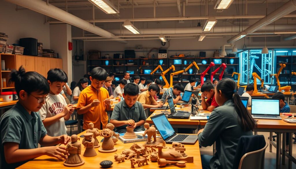 A bustling classroom where students work together, blending traditional handicrafts with cutting-edge 3D printing and digital design. In the foreground, a group of young learners carefully sculpt clay models, their hands guided by the wisdom of elders. In the middle ground, a cluster of desks are filled with students hunched over laptops, coding and experimenting with new technologies. The background showcases a state-of-the-art engineering lab, brimming with robotic arms, prototype parts, and holographic displays. Warm, diffused lighting casts a contemplative glow, as the students navigate the intersection of ancient techniques and modern innovation, bridging the past and the future.