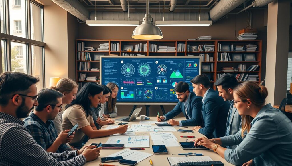 A bustling collaboration space, lit by warm overhead lighting and large windows. In the foreground, a diverse group of engineers and policymakers huddle around a table, engaged in lively discussion, sketching diagrams and exchanging ideas. Smartphones, tablets, and laptops dot the scene, facilitating the exchange of information. In the middle ground, a large interactive display board showcases colorful visualizations and data models. The background features shelves of reference materials, books, and project management tools, creating a sense of a well-equipped, interdisciplinary workspace. The mood is one of constructive dialogue, problem-solving, and a shared commitment to optimizing the intersection of engineering and policy.
