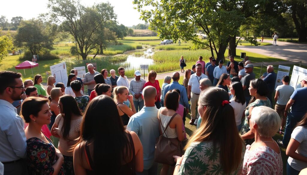 A bustling community gathering in a lush, verdant park. In the foreground, people of diverse backgrounds engage in lively discussions, their faces alight with enthusiasm. The middle ground features interactive displays and informational booths, inviting visitors to learn about local environmental initiatives. In the background, a constructed wetland teeming with native flora and fauna, its calm waters reflecting the clear, sunny sky above. Warm, soft lighting casts a welcoming glow, and the angle captures the sense of unity and shared purpose among the participants. An atmosphere of collaboration, education, and environmental stewardship permeates the scene.