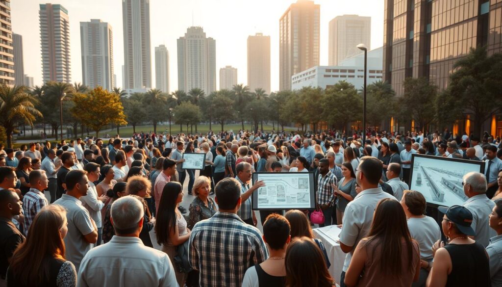 A bustling community gathering in an urban public plaza, illuminated by warm natural lighting. In the foreground, diverse groups of people engaged in animated discussions, exchanging ideas and plans for a proposed civil engineering project. In the middle ground, architects, engineers, and city planners present design concepts on digital displays, gesturing enthusiastically. The background features the silhouettes of modern high-rise buildings, conveying a sense of progress and modernization. The overall atmosphere is one of collaborative energy, as the community collectively shapes the future of their shared environment.