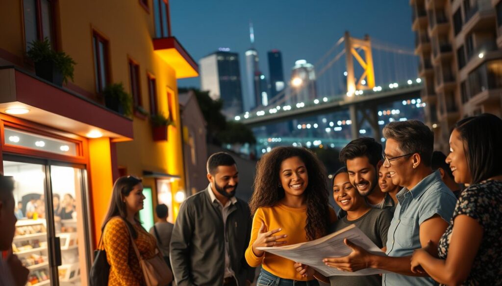 A bustling community hub, its vibrant facade illuminated by warm, golden lighting. In the foreground, a group of diverse individuals collaborating on a project, their faces alight with enthusiasm. In the middle ground, an engineer guides a team, hands gesturing animatedly as they discuss plans. Beyond, the backdrop of a modern cityscape, with skyscrapers and a bridge spanning the horizon, symbolizing the far-reaching impact of their work. The scene exudes a sense of purpose, connection, and the power of community-driven engineering to transform lives.