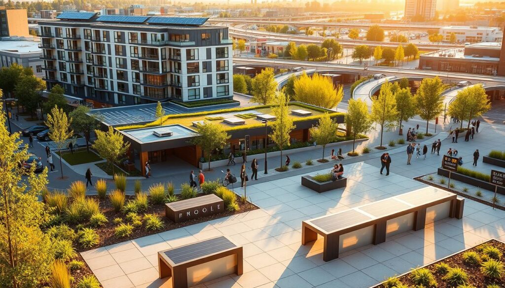 A bustling community hub, showcasing Portland's innovative EcoDistrict. In the foreground, a modern public plaza with sleek solar-powered benches and charging stations, surrounded by vibrant native landscaping. In the middle ground, an energy-efficient apartment building with a green roof and solar panels, blending seamlessly with the urban environment. In the background, a network of pedestrian-friendly streets and bike lanes, connecting residents to local businesses and public transportation. The scene is bathed in warm, golden light, conveying a sense of sustainability, community, and forward-thinking design.