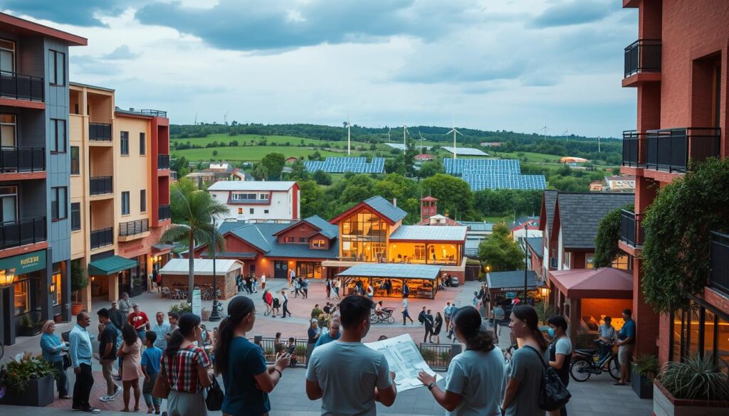 A bustling community hub, surrounded by vibrant public spaces and diverse architecture. In the foreground, a group of people collaborating on an engineering project, carefully examining plans and sketches under the warm glow of outdoor lighting. The middle ground showcases a range of community-centric facilities - a maker space, a STEM education center, and a sustainable energy hub. In the background, a lush green landscape dotted with renewable energy installations, creating a sense of harmony between technology and nature. The scene conveys a spirit of innovation, inclusivity, and a deep connection between the community and its engineering initiatives.