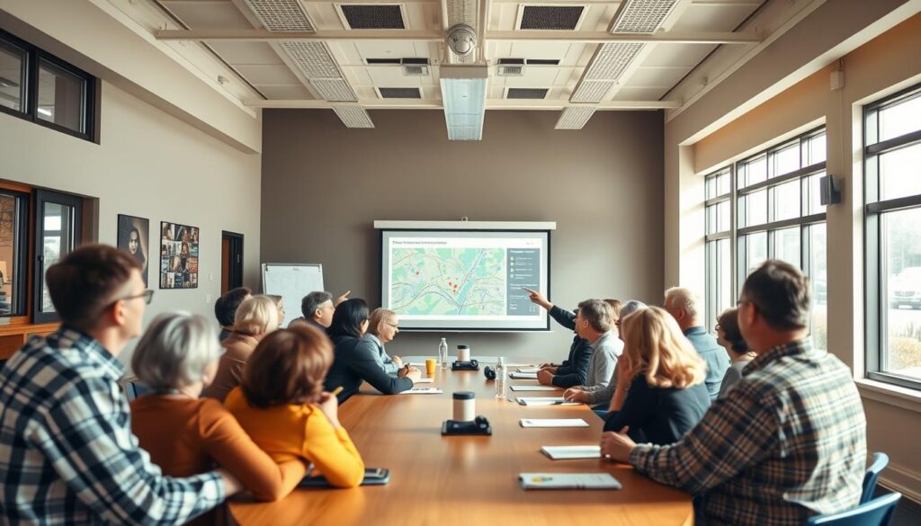 A bustling community meeting room, brightly lit with natural light streaming through large windows. At the center, a presentation on a projector screen showcases GIS data visualizations of a proposed civil engineering project. Community members gathered around a long table, engaged in discussion, pointing at the screen and taking notes. The mood is one of collaborative problem-solving, with an atmosphere of civic responsibility and forward-thinking. The scene is captured from a slightly elevated angle, giving a panoramic view of the space and the participants. Warm, earthy tones dominate the color palette, creating a sense of approachability and inclusion.