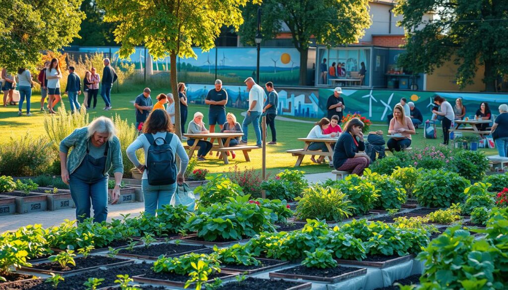 A bustling community park on a sunny day, with people of all ages engaged in various sustainable activities. In the foreground, a group of volunteers tend to a lush vegetable garden, planting seedlings and watering the crops. In the middle ground, families gather around picnic tables, enjoying a meal made with locally sourced ingredients. In the background, a mural showcases colorful depictions of renewable energy sources, such as solar panels and wind turbines. The scene is bathed in warm, golden light, capturing the spirit of collaboration and environmental stewardship.