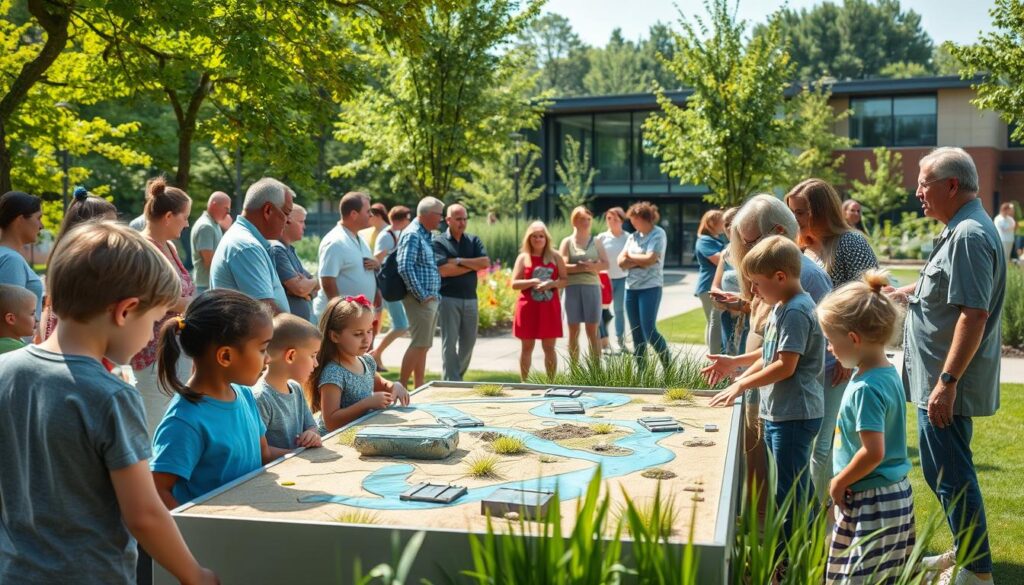 A bustling community park on a sunny day, with people of all ages gathered around a stormwater management demonstration area. In the foreground, a group of children interacting with a tactile water flow model, their faces lit with curiosity. In the middle ground, a team of local experts engaging residents in discussions about sustainable drainage systems and rainwater harvesting techniques. In the background, lush greenery and a modern, energy-efficient community center serve as the backdrop, conveying a sense of environmental consciousness and civic pride. Soft, diffused lighting and a warm, inviting atmosphere encourage open dialogue and collaborative problem-solving.