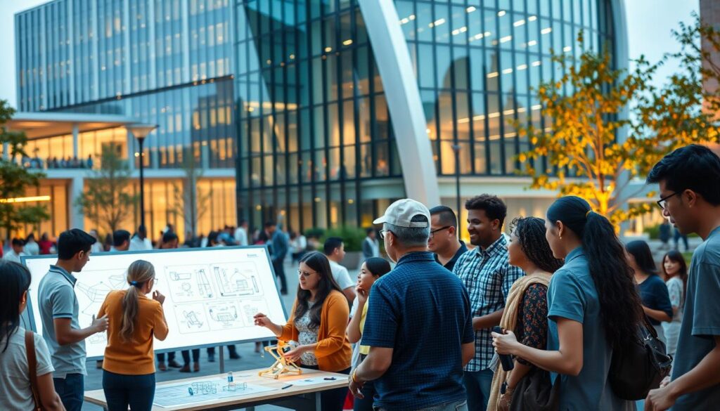 A bustling community square, where engineers and residents collaborate to create impactful solutions. In the foreground, a diverse group of people engage in lively discussions, sketching ideas on a large interactive display. The middle ground features a team of engineers diligently working on a 3D-printed prototype, their faces filled with concentration. In the background, a sleek, futuristic building houses a state-of-the-art research laboratory, its glass facade reflecting the vibrant energy of the scene. Warm, ambient lighting illuminates the collaborative atmosphere, and a sense of unity and purpose permeates the space. The overall image conveys the harmonious integration of engineering expertise and community engagement, showcasing the power of innovation to enhance the lives of all.