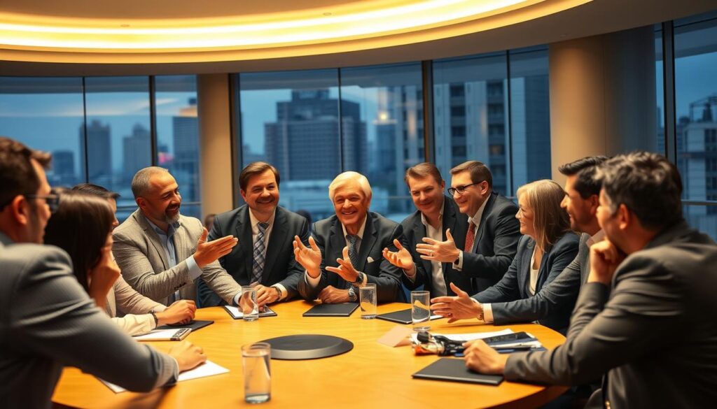 A bustling conference room with a circular table, its occupants engaged in lively discussion. Warm lighting casts a professional, yet inviting glow, while large windows in the background offer a view of a dynamic cityscape. In the foreground, a diverse group of men and women, dressed in business attire, lean in, gesturing animatedly as they exchange ideas. Their expressions convey a sense of collaboration and mutual understanding, highlighting the effective stakeholder engagement at play. The scene is captured with a wide-angle lens, emphasizing the dynamic energy and inclusive atmosphere of the meeting.