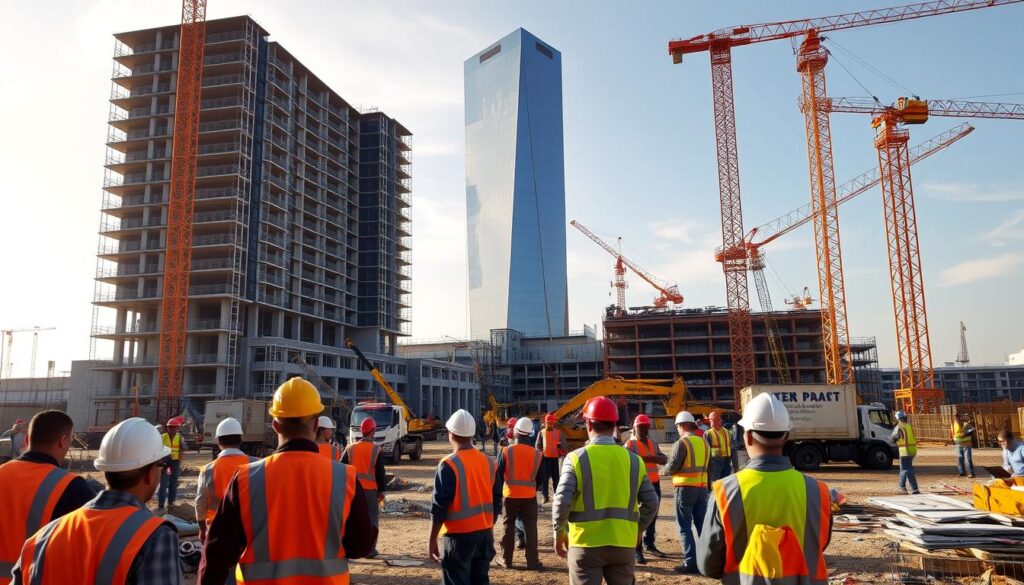 A bustling construction site at the final stage of a civil engineering project. In the foreground, workers in hard hats and safety vests diligently inspect completed structures, meticulously checking for any defects. The middle ground features heavy machinery - cranes, excavators, and trucks - as the final touches are put in place. In the background, an imposing new building stands tall, its sleek, modern facade gleaming under the warm, golden sunlight. The atmosphere is one of accomplished professionalism and a sense of pride in a job well done, as the project nears its successful completion and handover.