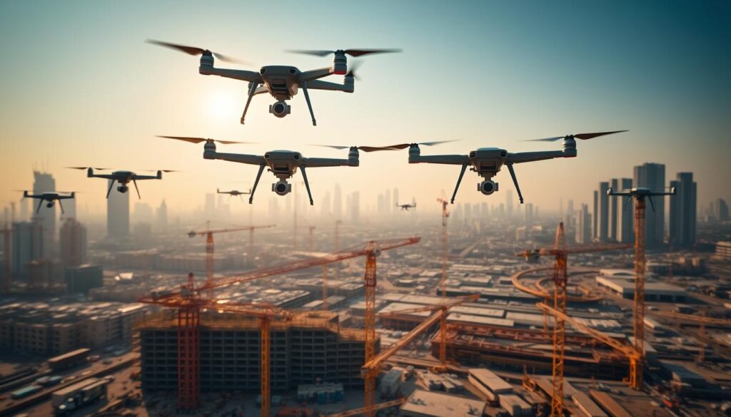 A bustling construction site, bathed in warm afternoon light. In the foreground, a fleet of drones hover gracefully, their cameras capturing detailed aerial footage of the progress below. The midground reveals the site's sprawling layout - cranes, scaffolding, and heavy machinery dotting the landscape. In the background, the silhouettes of nearby skyscrapers rise against a hazy sky. The drones' crisp, high-resolution feeds relay real-time data to a command center, enabling efficient site monitoring and survey updates. A sense of technological synergy pervades the scene, as human ingenuity and automated systems work in harmony to shape the smart infrastructure of the future.