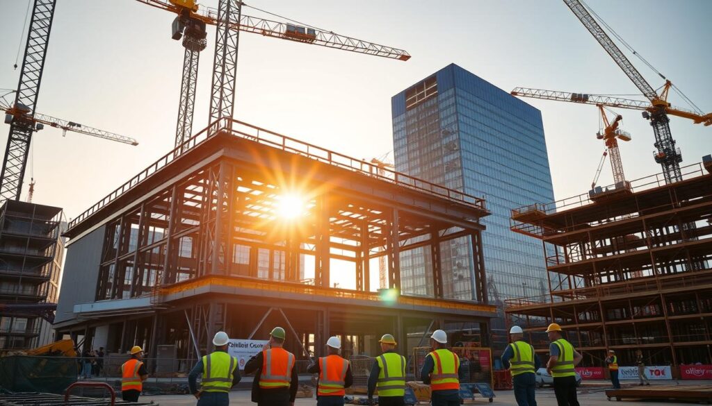 A bustling construction site, bathed in warm, golden light from a setting sun. In the foreground, a team of workers in hard hats and safety vests collaborate on the assembly of a towering steel frame, utilizing advanced robotic equipment and cutting-edge building materials. The midground features a sleek, modern office building, its glass facade reflecting the progress unfolding around it. In the background, cranes and scaffolding reach skyward, hinting at the scale and complexity of the ongoing project. The scene conveys a sense of innovation, efficiency, and the seamless integration of technology within the construction industry.