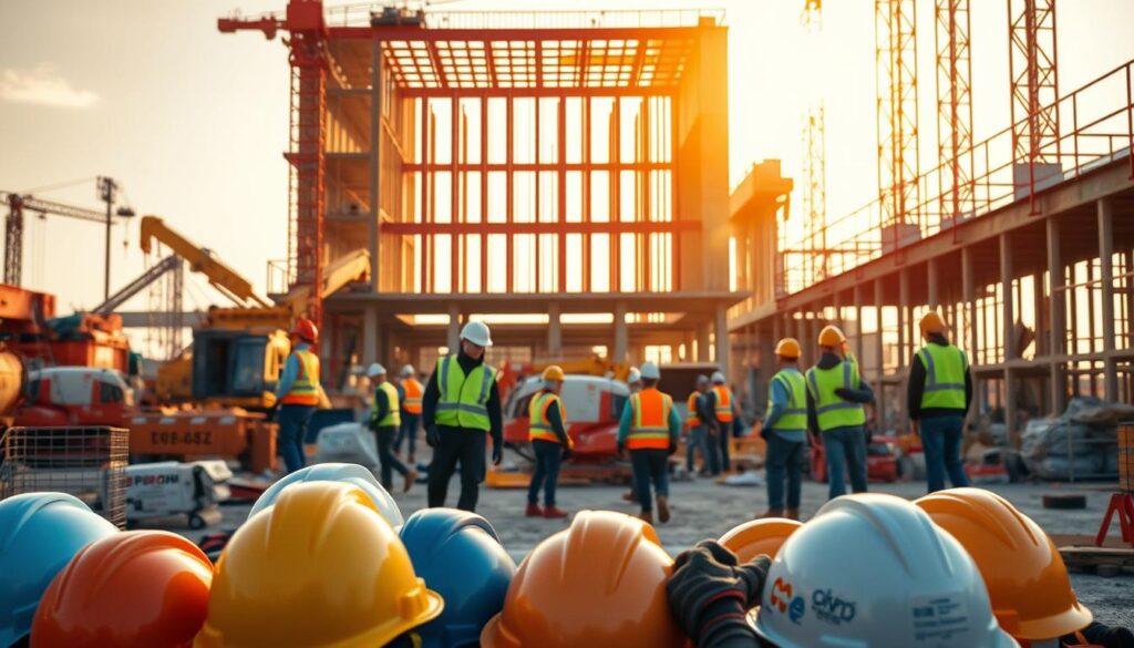 A bustling construction site bathed in warm, natural lighting. In the foreground, a selection of essential safety equipment stands prominently - hard hats, safety harnesses, reflective vests, and protective gloves. The middle ground reveals workers diligently maneuvering heavy machinery, cranes, and scaffolding, all while adhering to strict safety protocols. In the background, a partially constructed building frame rises skyward, surrounded by the organized chaos of the worksite. The scene conveys a sense of professionalism, caution, and a commitment to job site safety.