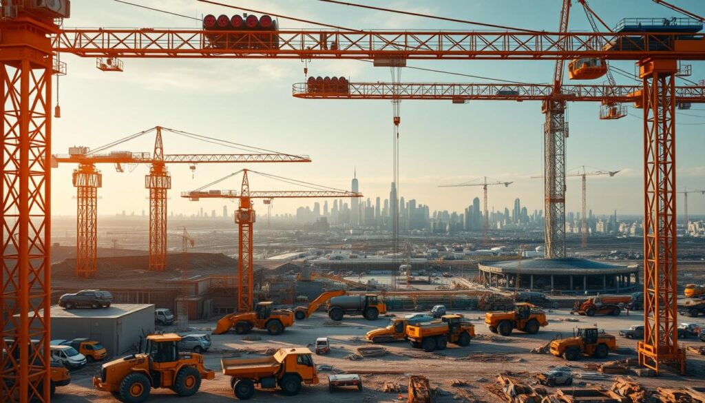 A bustling construction site, cranes towering above, workers coordinating intricate projects. In the foreground, advanced monitoring systems display real-time data, guiding the efficient management of this vast, interconnected network of infrastructure. The middle ground showcases a diverse array of machinery - bulldozers, excavators, and specialized vehicles - working in harmony to shape the landscape. In the background, a sprawling city skyline emerges, a testament to the transformative power of integrated infrastructure development. Warm, natural lighting casts a sense of progress and optimism, as the scene captures the challenges and complexities of this critical undertaking.