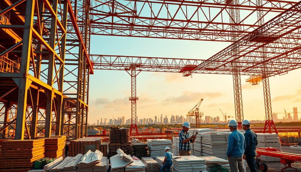 A bustling construction site, illuminated by warm, golden lighting. In the foreground, a towering steel frame, its intricate lattice of beams and struts showcasing the latest advancements in structural engineering. Surrounding it, piles of innovative building materials - translucent, lightweight panels, flexible concrete mixtures, and self-healing composites. In the middle ground, engineers in hard hats meticulously inspect and assemble these cutting-edge components, their expressions focused and determined. The background features a skyline of modern, sustainable structures, a testament to the transformative power of innovative civil engineering. The scene exudes a sense of progress, efficiency, and a commitment to building a better, more resilient future.