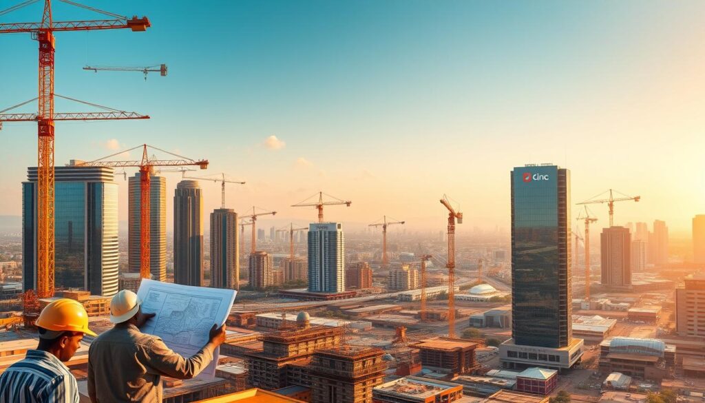 A bustling construction site in East Africa, cranes and machinery dotting the skyline, reflecting the steady growth of the civil engineering industry. In the foreground, hard-hatted workers diligently execute intricate blueprints, overseeing the construction of towering skyscrapers, bridges, and modern infrastructure. The middle ground showcases a diverse array of civil engineering firms, their logos emblazoned on sleek office buildings, symbolizing the thriving employment opportunities for skilled professionals. The background reveals a vibrant cityscape, a testament to the region's ambitious development plans, fueling the demand for civil engineers to shape the future of East Africa's built environment. Warm, golden lighting casts a sense of optimism and progress, capturing the essence of this lucrative and dynamic field.