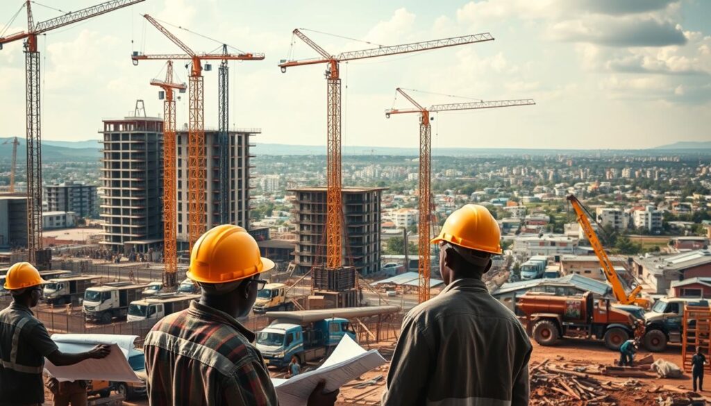 A bustling construction site in a Kenyan city, with towering cranes and half-built structures. In the foreground, civil engineers in hard hats scrutinize blueprints, grappling with the challenges of working in a developing nation - limited budgets, outdated infrastructure, and unreliable supply chains. In the middle ground, workers struggle to maneuver heavy machinery amidst the chaos. The background reveals a vibrant, rapidly growing urban landscape, underscoring the pressing need for innovative solutions to the country's burgeoning civil engineering demands. The scene is bathed in warm, golden light, conveying a sense of determination and resilience in the face of adversity.