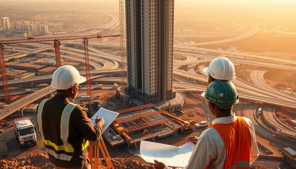 A bustling construction site in a thriving East African city, showcasing civil engineers in hard hats overseeing the erection of a towering high-rise. In the foreground, a team of surveyors analyze blueprints, while heavy machinery operates in the middle ground, pouring concrete and lifting steel beams. In the background, a network of highways and bridges span the landscape, connecting this urban center to the surrounding region. Warm, golden sunlight casts dynamic shadows, highlighting the precision and expertise of the civil engineering professionals at work. The scene conveys the dynamic, high-stakes nature of these lucrative, in-demand careers shaping the future of East Africa's infrastructure.