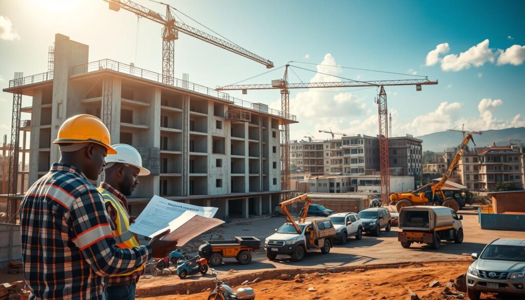 A bustling construction site nestled in the heart of a vibrant African city, with workers diligently implementing innovative cost-saving strategies. In the foreground, a team of engineers scrutinizing blueprints, discussing efficient material sourcing and modular building techniques. The middle ground showcases a towering crane efficiently moving prefabricated building components, while in the background, a fleet of fuel-efficient construction vehicles effortlessly navigate the site. Warm sunlight filters through the scene, casting a sense of optimism and progress, while the overall composition conveys a harmonious blend of practical solutions and sustainable practices that are transforming the construction landscape.