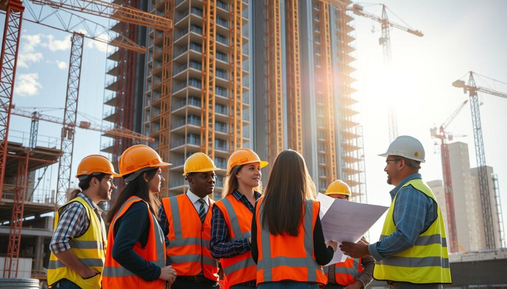 A bustling construction site, sunlight filtering through the cranes and scaffolding. In the foreground, a group of young engineers in hard hats and safety vests, gathered around a set of blueprints, discussing their latest project with a seasoned mentor. In the background, the gleaming facade of a new high-rise takes shape, a testament to their hard work and dedication. The scene radiates a sense of purpose and excitement, capturing the energy and potential of civil engineering internships - where the next generation of leaders learn, grow, and bring their vision to life.