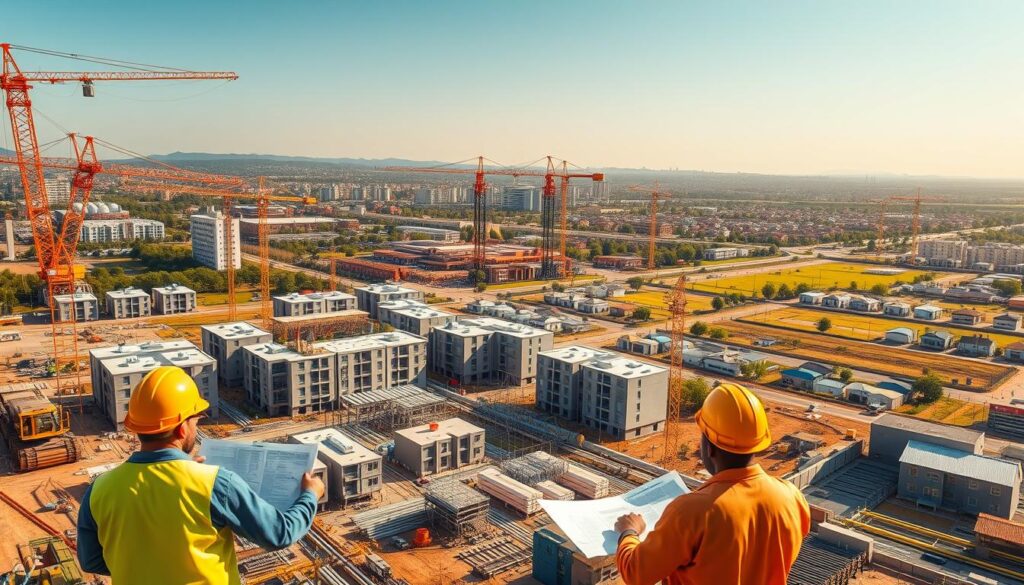 A bustling construction site, where hard-hats and cranes dot the landscape. In the foreground, a team of civil engineers meticulously plan and coordinate the layout of a modern, sustainable housing complex. The mid-ground showcases the intricate network of pipelines, electrical grids, and transportation infrastructure that will connect the new development to the surrounding community. In the background, a vibrant cityscape reflects the positive social impact of the engineers' work, with parks, schools, and community centers enhancing the quality of life for the residents. The scene is illuminated by warm, golden sunlight, conveying a sense of optimism and progress. The overall atmosphere captures the essential role of civil engineers in shaping the built environment and improving social well-being.