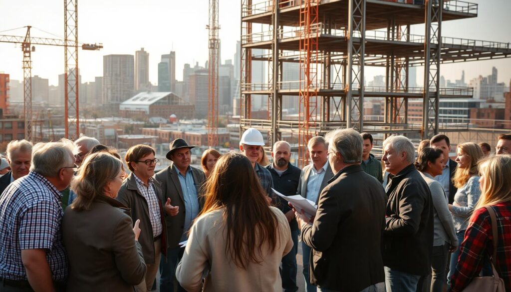 A bustling construction site, where the community gathers to engage with the ongoing project. In the foreground, a group of local residents discuss plans with project managers, their expressions animated and hands gesturing. The middle ground reveals construction workers diligently at work, steel beams and scaffolding creating a dynamic industrial backdrop. In the background, the skyline rises, a mix of modern and historic architecture, signifying the integration of the new development within the existing urban landscape. Warm, golden lighting filters through, casting a collaborative and inclusive atmosphere. A wide-angle lens captures the scene, showcasing the harmonious cooperation between the community and the construction team.